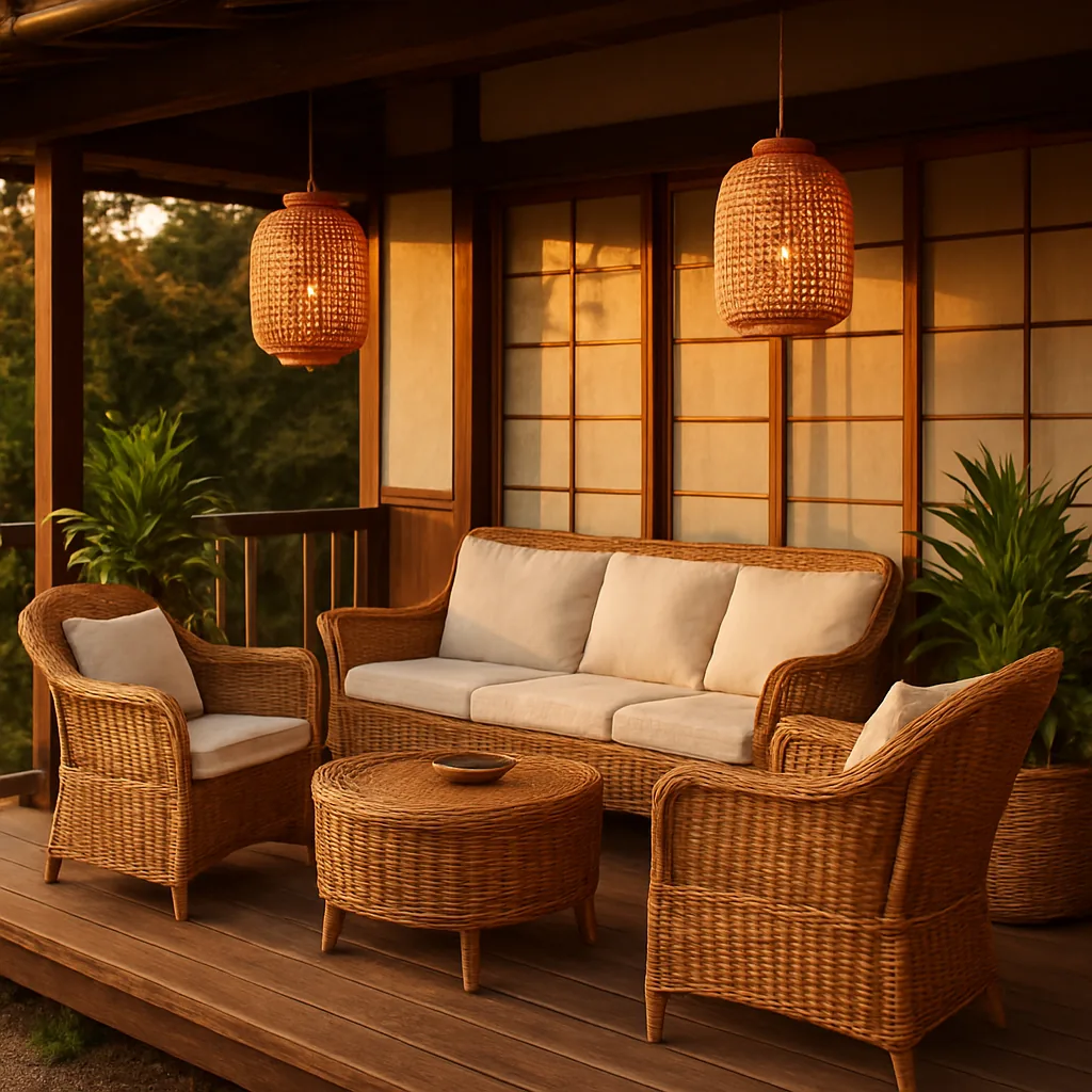 ラタン家具でコーディネートされたベランダの全景